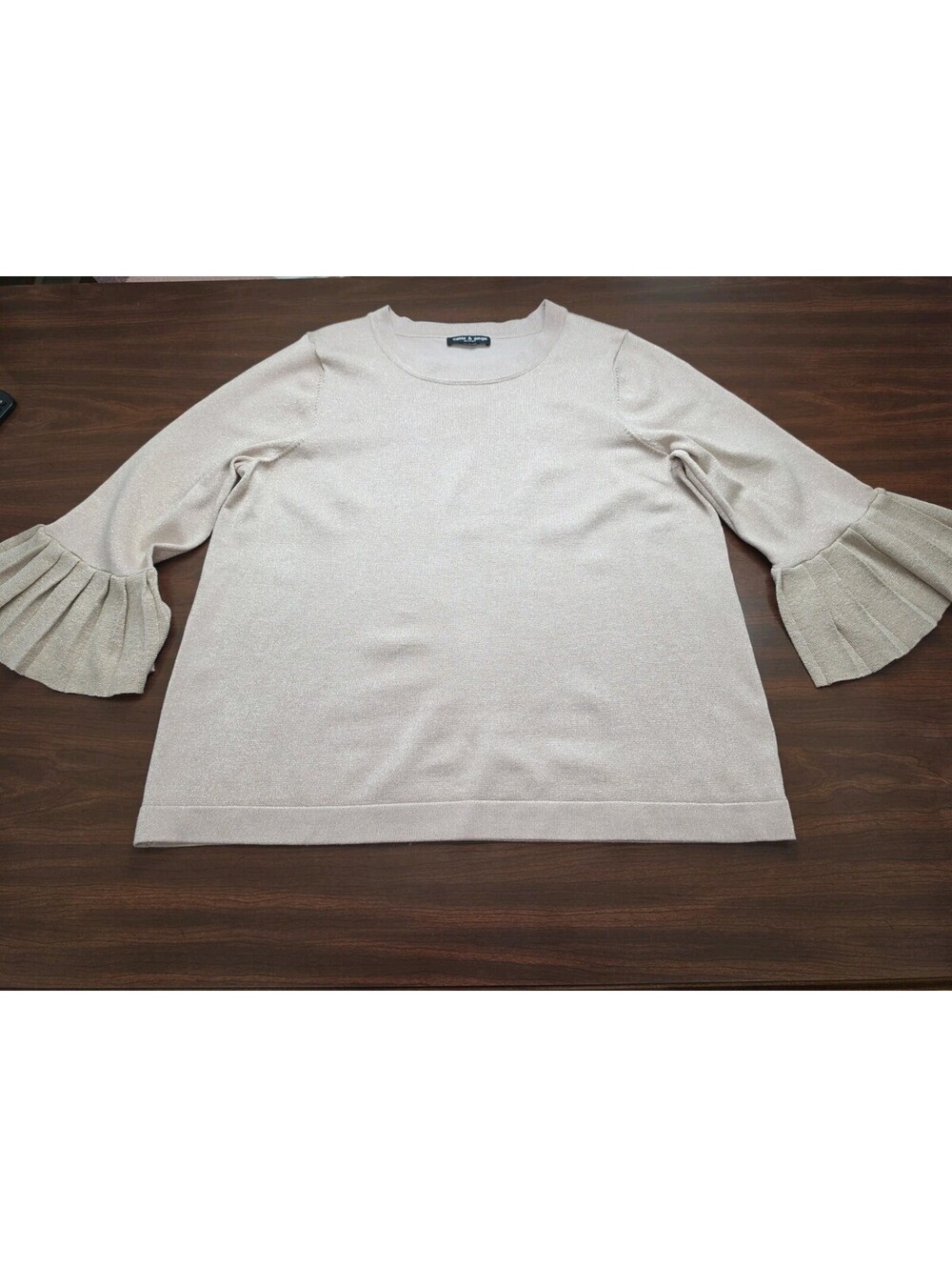Cable & Gauge Champagne Gold Metallic Ruffle Bell Sleeve Large Sweater Cardigan